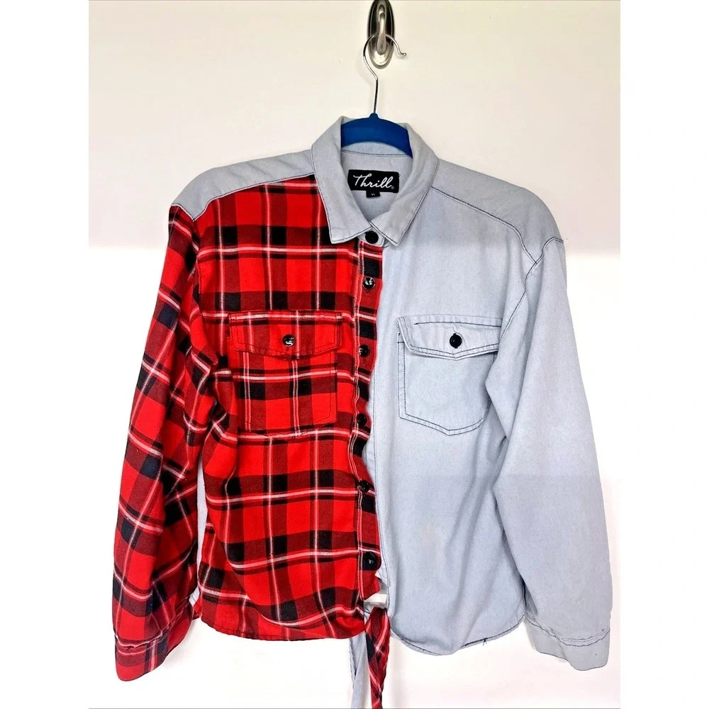 Half Plaid Half Denim Womens 100% Cotton XL Tie Front Grunge Festival Shacket